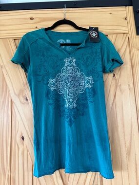 Affliction Teal Short Sleeve Graphic Tee with Ornate Cross